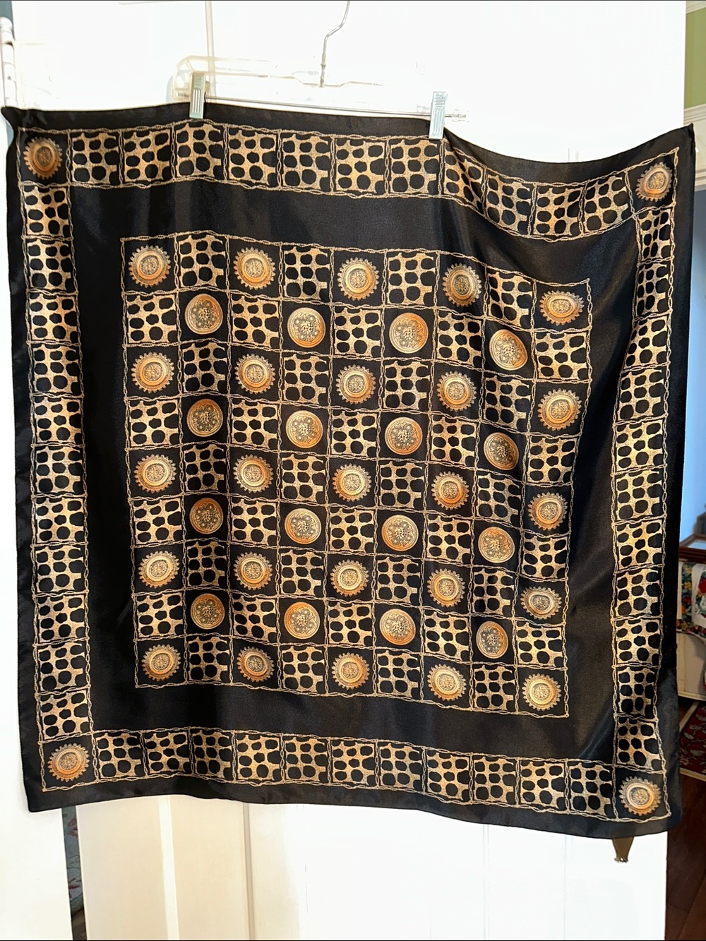 Vintage Very Large Black & Gold Square Medallion Polyester Scarf